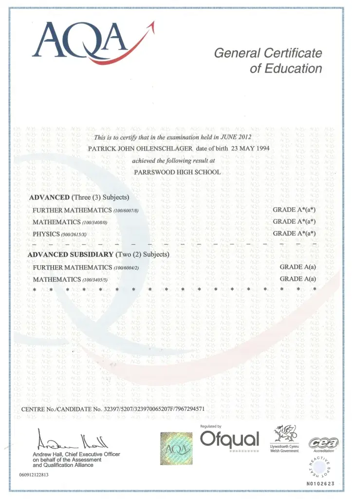 AQA A-Level certificate — Mathematics, Further Mathematics, Physics A*A*A*