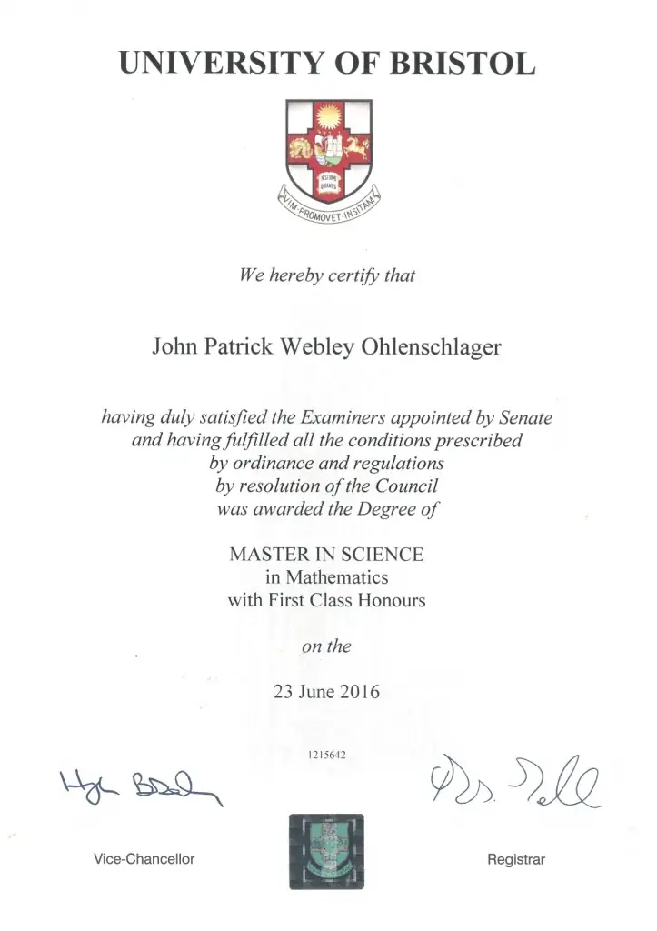 University of Bristol MSc Mathematics First Class Honours certificate