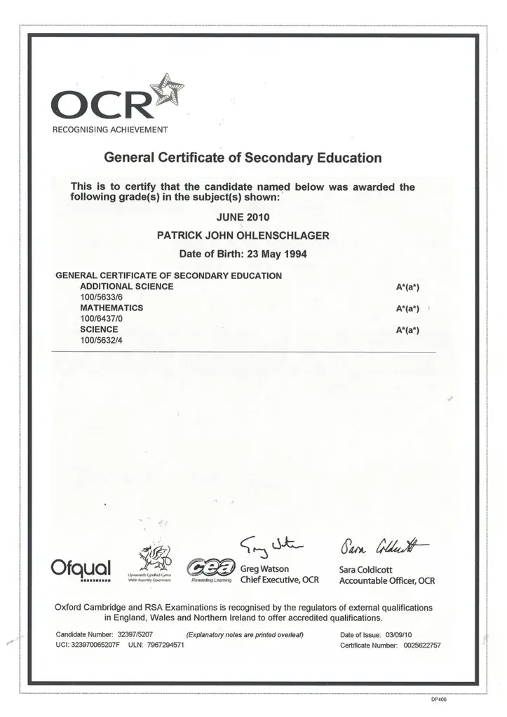 OCR GCSE certificate — Patrick Ohlenschlager